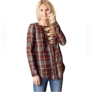 Gilded Interest Open Lace Front Detail Plaid Flannel Top Button Up Size XS